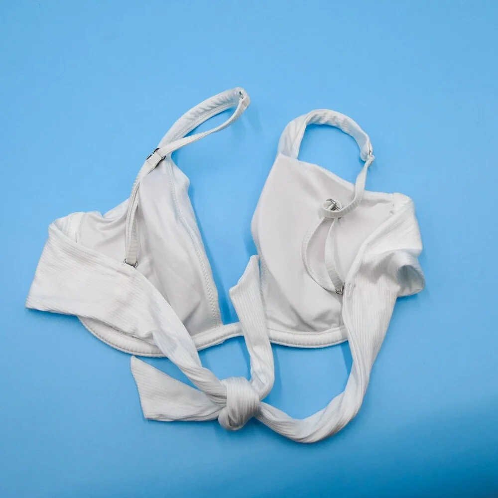 Victorias Secret Medium White Ribbed Underwired Plunge Padded Push-up Bikini Top